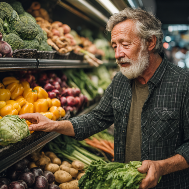 Пожилая женщина с фруктами и овощами